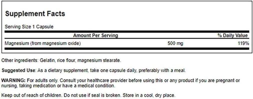 Swanson Magnésium Oxyde 500 mg 100 Capsules - vue arrière