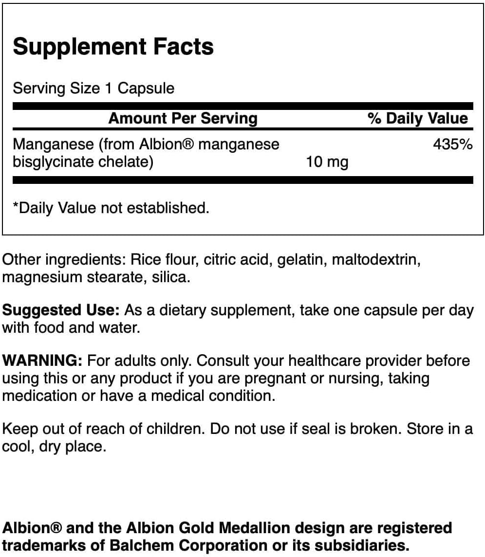 Swanson Manganèse Chélaté Albion 10 mg 180 Capsules - étiquette détaillée