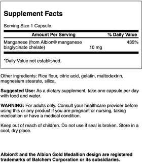 Swanson Manganèse Chélaté Albion 10 mg 180 Capsules - étiquette détaillée