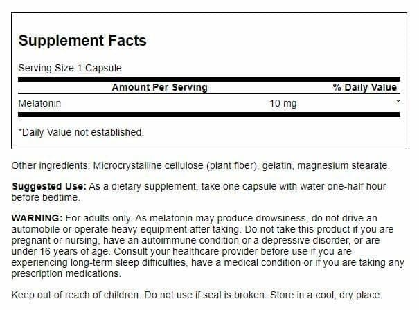 Swanson Mélatonine 10 mg 60 capsules vue de dos