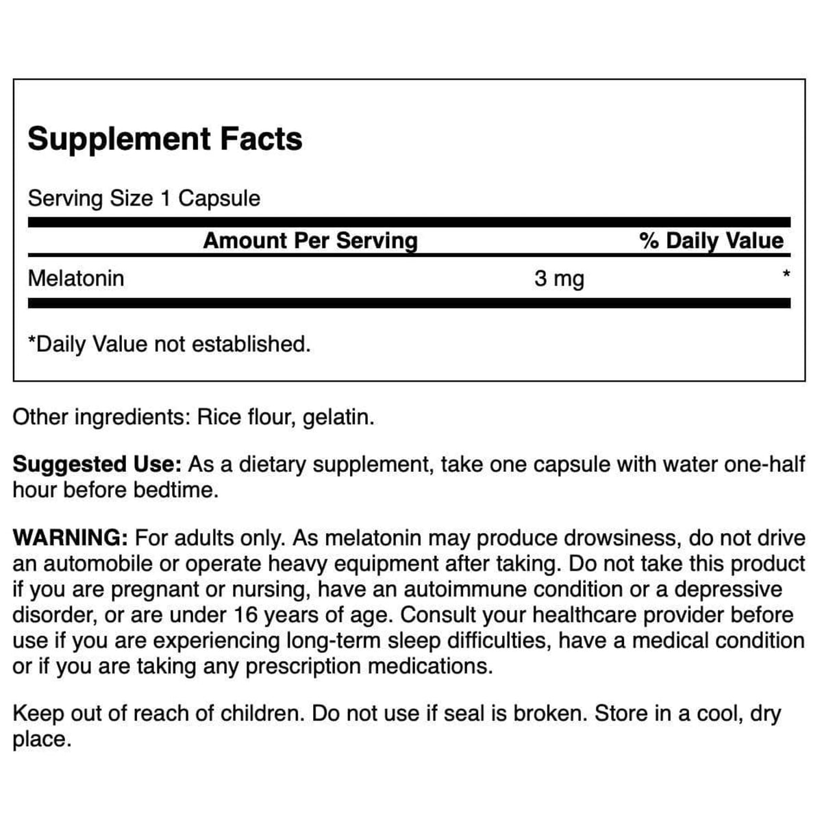Swanson Mélatonine 3 mg capsules avec étiquette et dosage