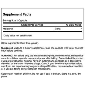 Swanson Mélatonine 3 mg capsules avec étiquette et dosage
