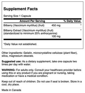 Swanson myrtille capsules montrant le dos de l'emballage
