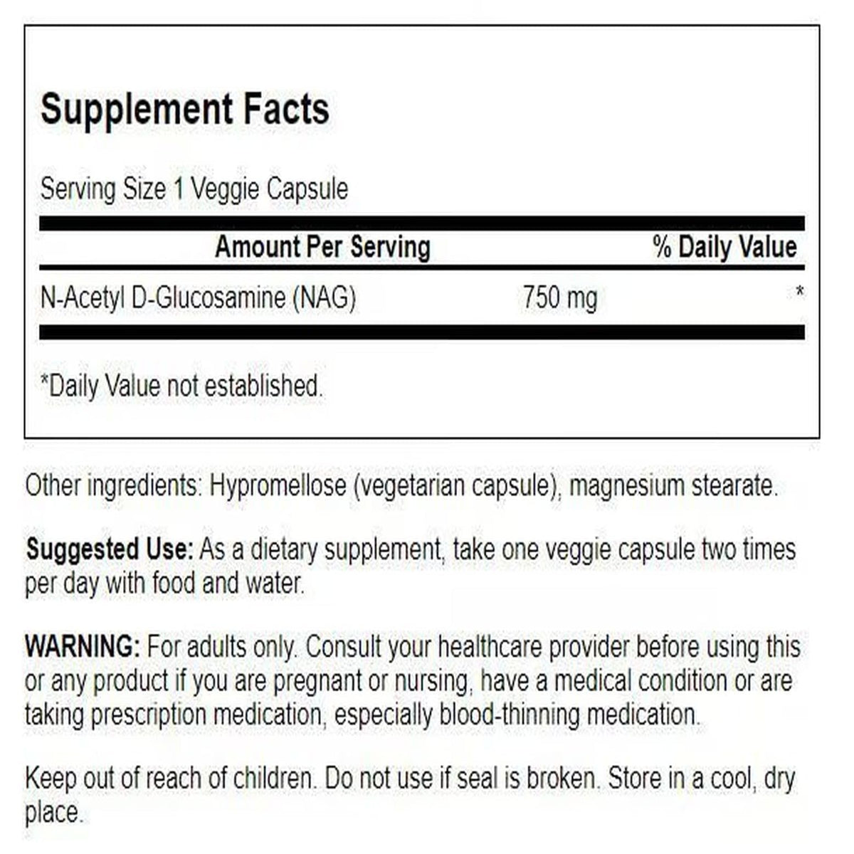 Swanson N-Acetyl D-Glucosamine 750 mg 60 capsules végétales vue arrière