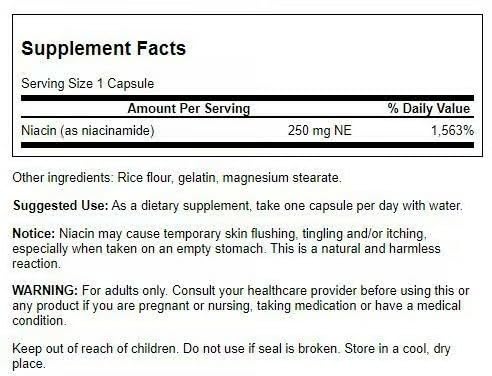 Swanson Niacinamide 250 mg emballage avec informations nutritionnelles