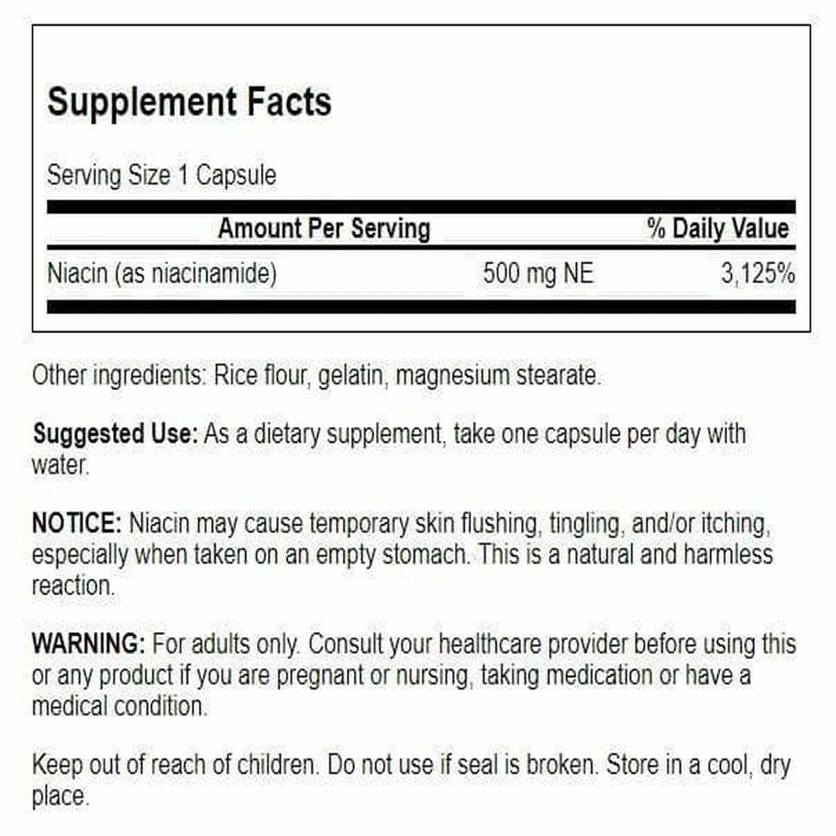 Swanson Niacinamide 500 mg 250 Capsules, côté arrière de l'emballage