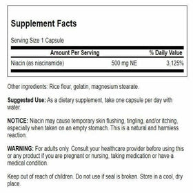 Swanson Niacinamide 500 mg 250 Capsules, côté arrière de l'emballage