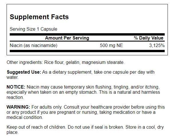 Swanson Niacinamide 500 mg flacon avec étiquette