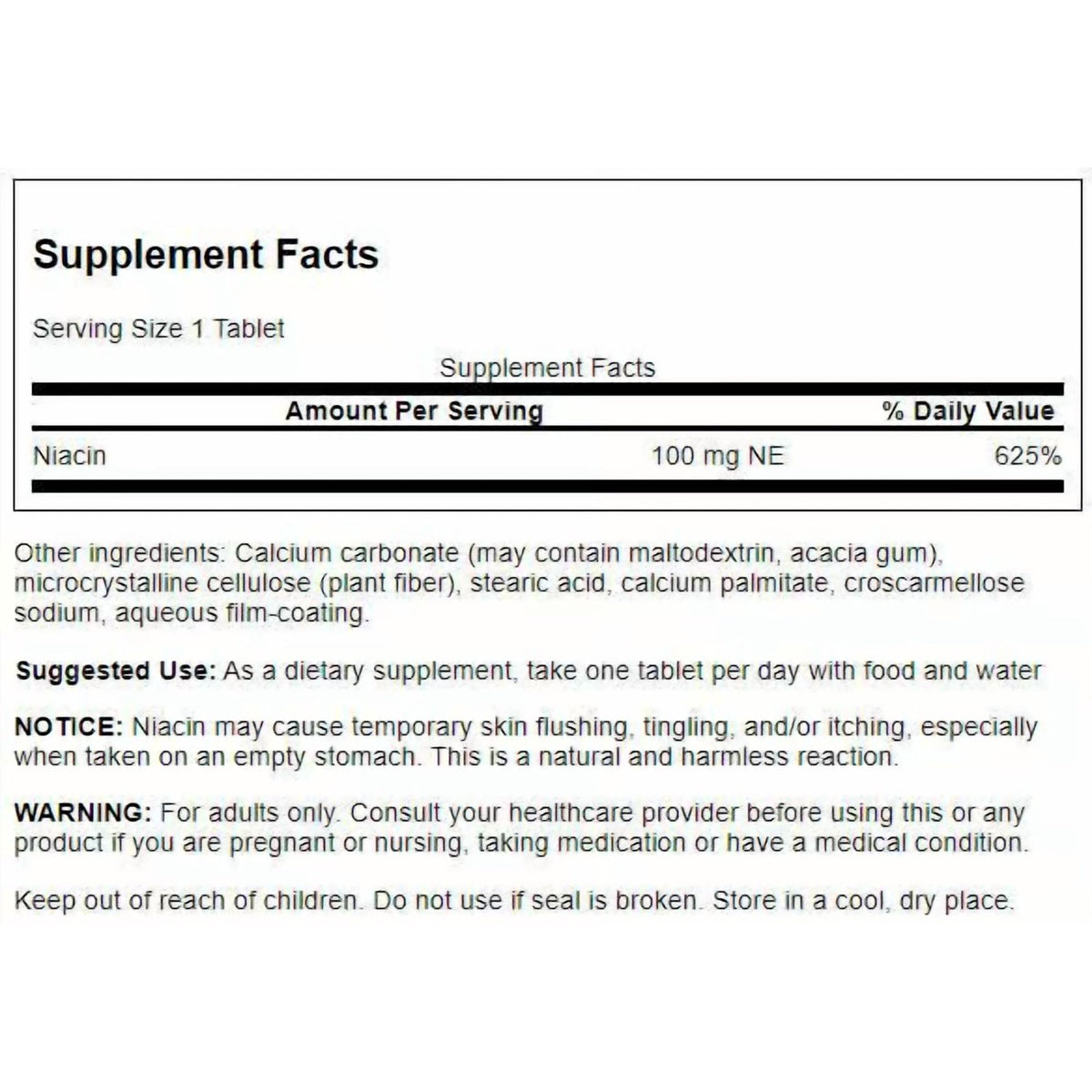 Swanson Niacine 100 mg 250 comprimés avec étiquettes et informations