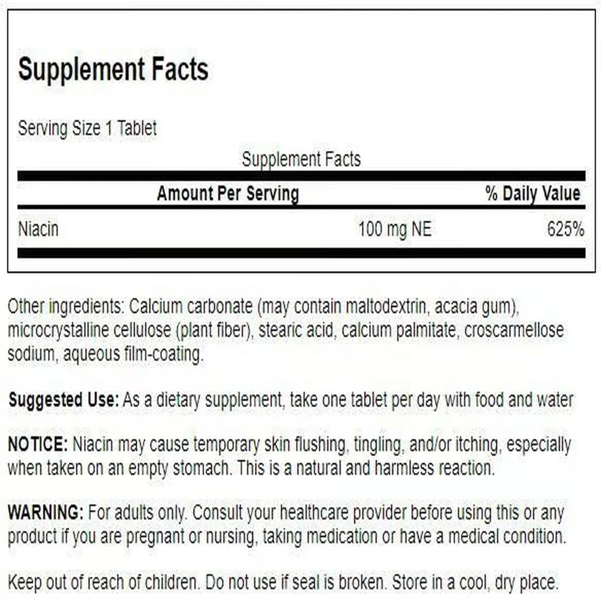 Swanson Niacine 100 mg comprimés de près avec étiquette