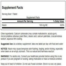 Swanson Niacine 100 mg comprimés de près avec étiquette