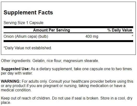 Swanson Oignon Bulbe 400 mg 60 Capsules vue de dos avec informations nutritionnelles