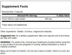 Swanson Oignon Bulbe 400 mg 60 Capsules vue de dos avec informations nutritionnelles
