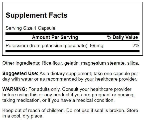 Swanson Potassium Gluconate 250 capsules arrière avec informations nutritionnelles