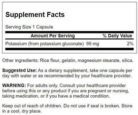 Swanson Potassium Gluconate 250 capsules arrière avec informations nutritionnelles
