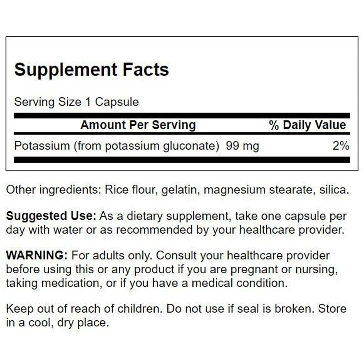 Swanson Potassium Gluconate 99 mg 100 Capsules arrière