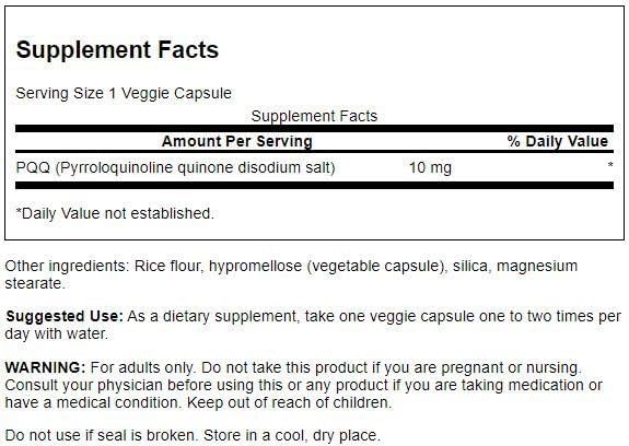 Swanson PQQ Capsules Végétales, détails des ingrédients et des spécifications sur l'emballage