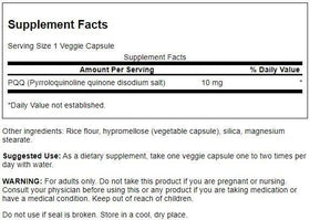 Swanson PQQ Capsules Végétales, détails des ingrédients et des spécifications sur l'emballage