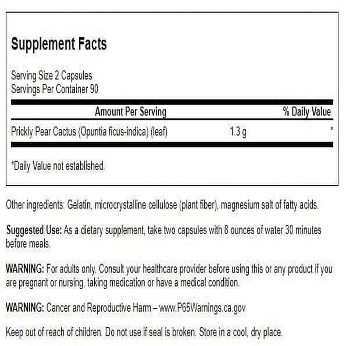 Swanson Prickly Pear Cactus capsules, side view showing the label