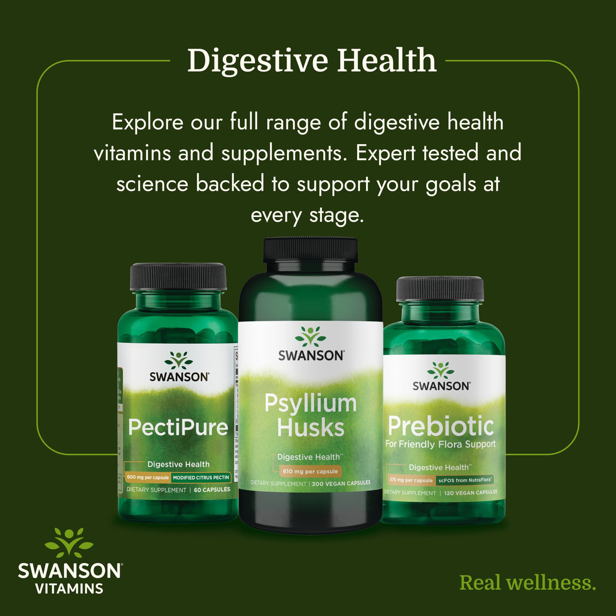 Swanson Psyllium 610 mg 300 Capsules avec un verre d'eau