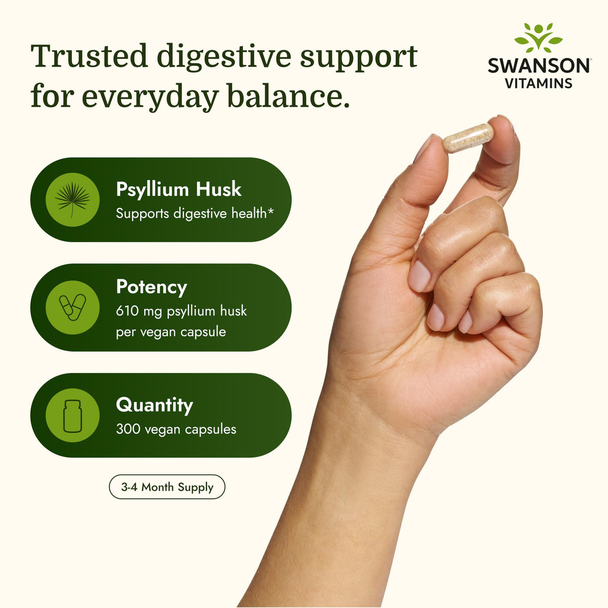 Swanson Psyllium 610 mg 300 Capsules vue de côté