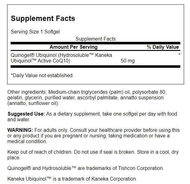 Swanson Quinogel CoQ10 50 mg capsules en gros plan