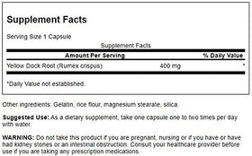 Swanson Racine de Jaune Dock 400 mg capsules ouvertes sur une table