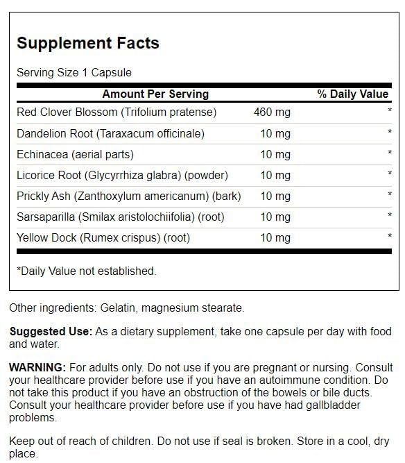 Swanson Red Clover Combination 100 Capsules - vue arrière de l'emballage