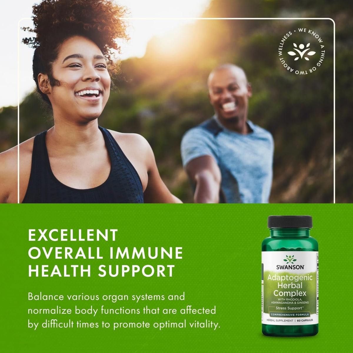 Swanson Rhodiola Ashwagandha capsules sur une table