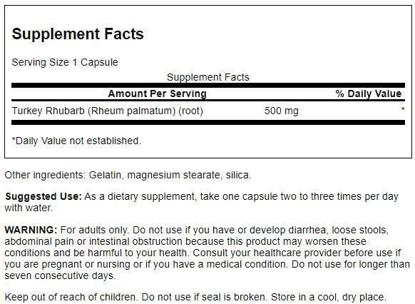 Swanson Rhubarbe Turque 500 mg, capsules dans un flacon