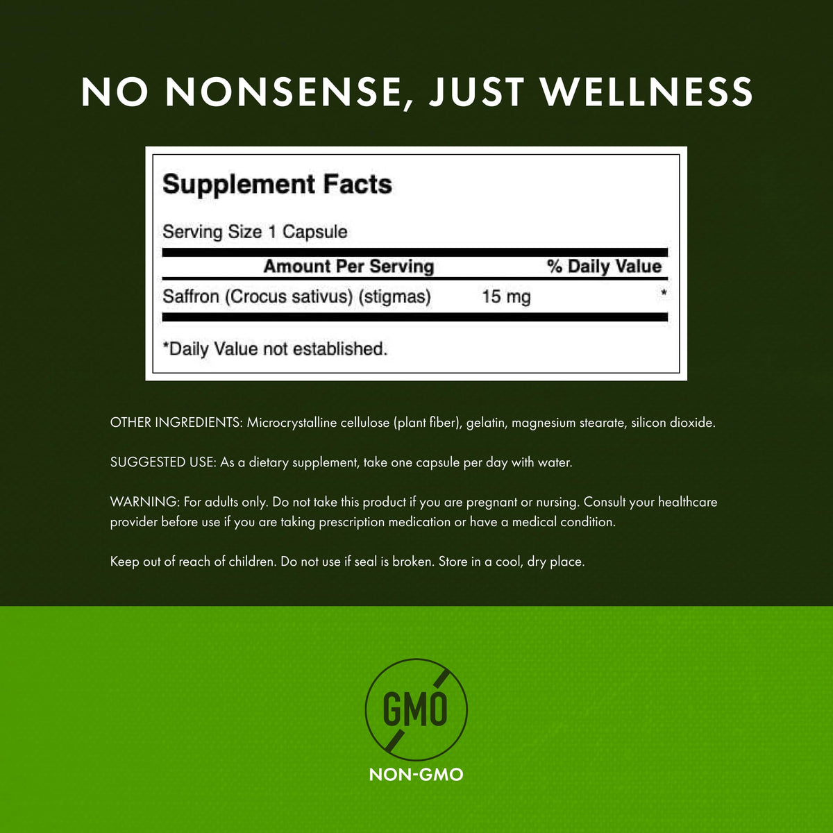 Swanson Saffran Espagnol Bio 15 mg 60 Veg Caps - étiquette du produit