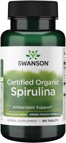 Swanson Spiruline Bio 500 mg 180 Comprimés - Vue avant du flacon
