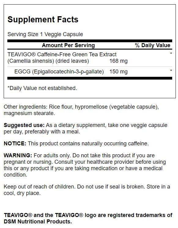 Swanson Teavigo Extrait de Thé Vert, étiquette et informations nutritionnelles