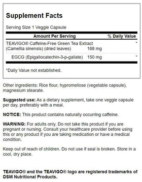 Swanson Teavigo Extrait de Thé Vert, étiquette et informations nutritionnelles