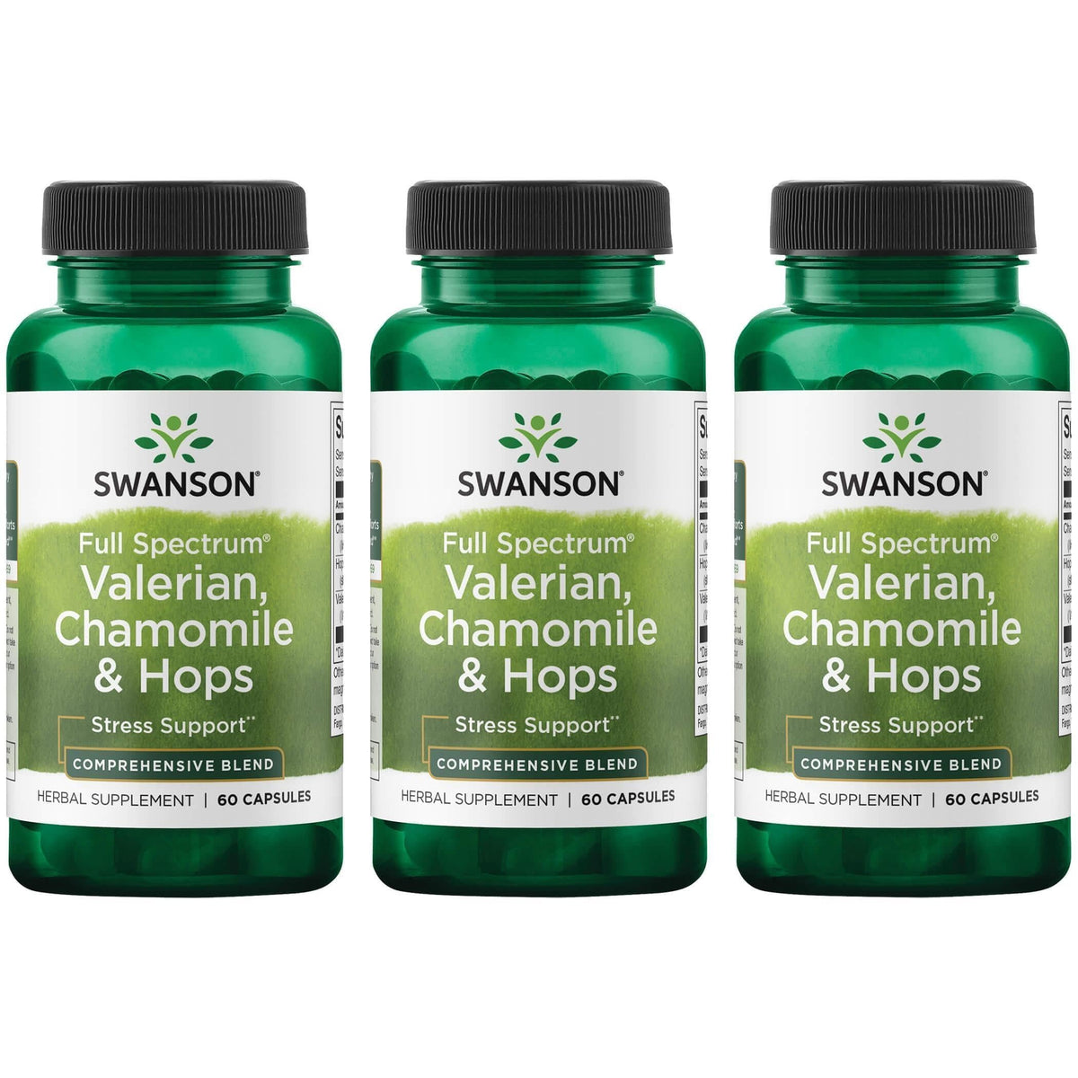 Swanson Valériane, Camomille & Houblon 60 capsules vue de face avec emballage