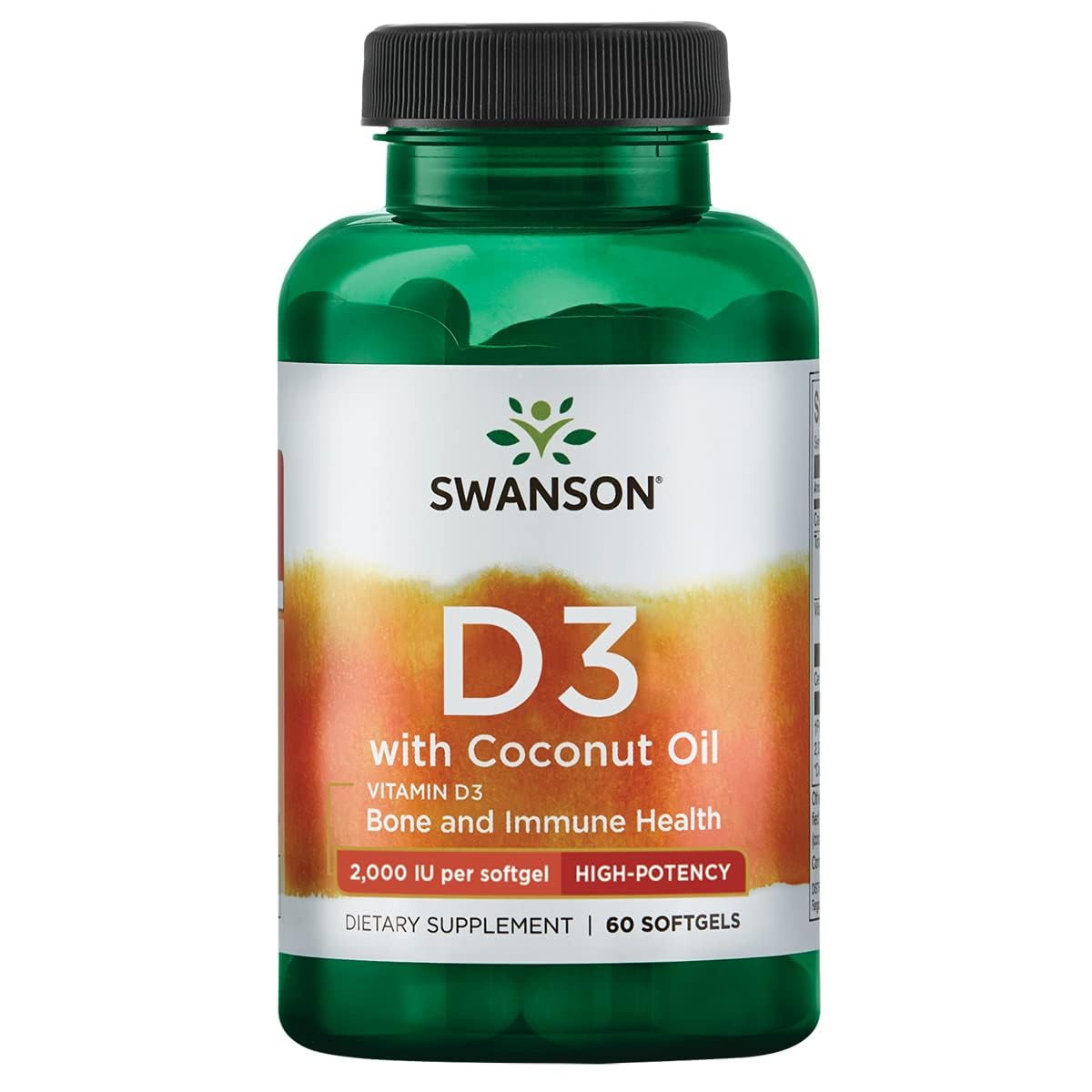 Swanson Vitamine D-3 60 gélules avec huile de coco, vue avant