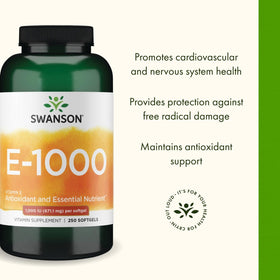 Swanson Vitamine E 1000 UI gélules sur une table