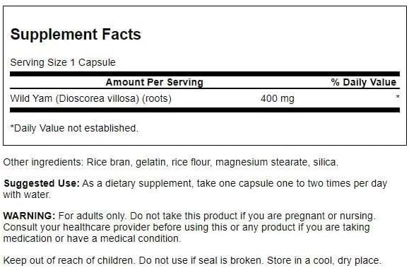 Swanson Wild Yam 400 mg, vue arrière de l'emballage