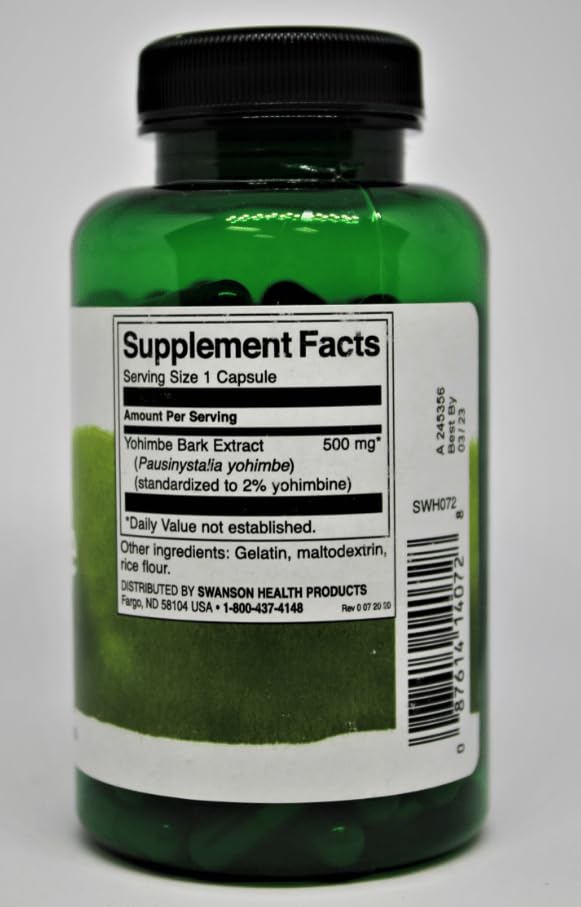 Swanson Yohimbe 500 mg 120 capsules taille comparative