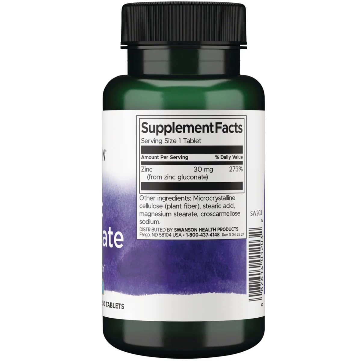 Swanson Zinc Gluconate comprimé avec dosage de 30mg