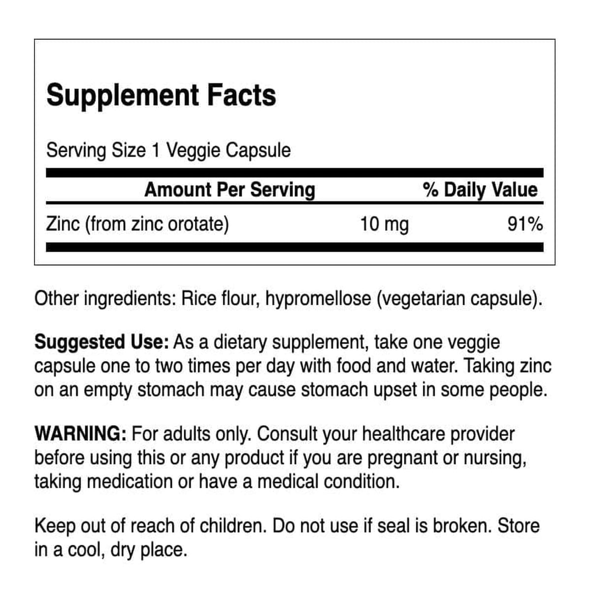 Swanson Zinc Orotate 10 mg vue arrière de l'emballage