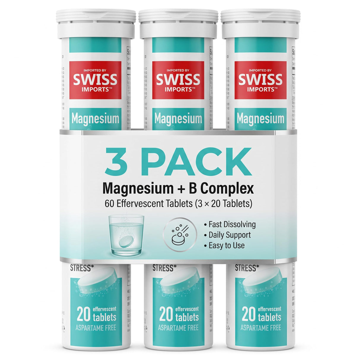 Swiss Imports Complément Alimentaire Magnésium + B Complex 60 Comprimés Effervescents vue avant