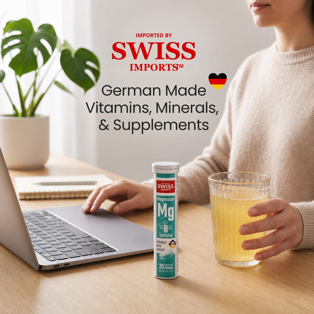 Swiss Imports Complément Alimentaire Magnésium + B Complex sur une table en bois