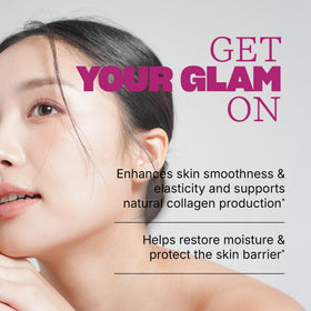Swisse Glam Bites Collagène gummies on a marble countertop
