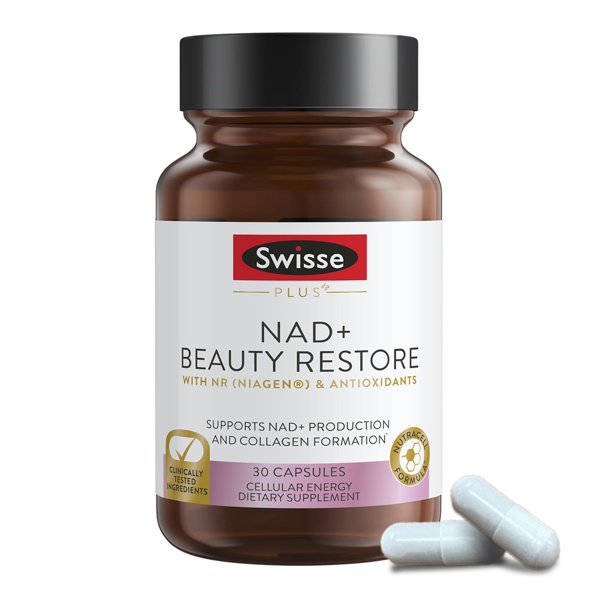 Swisse Plus NAD+ Beauty Restore 30 Capsules avant de l'ouvrir