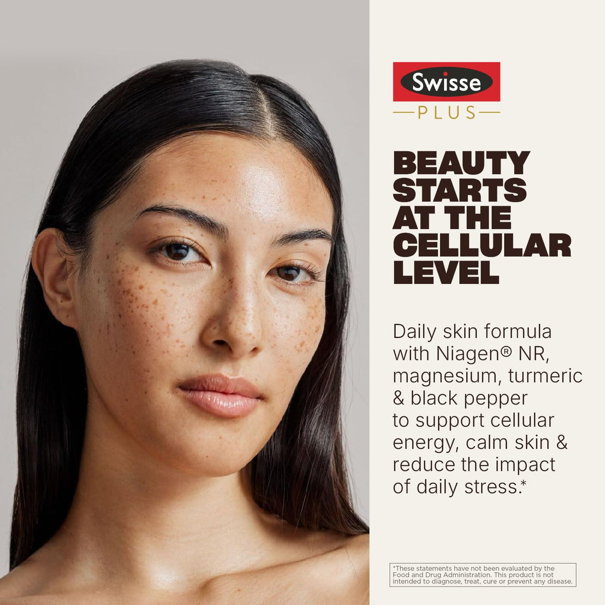 Swisse Plus NAD+ Calm Skin capsules sur fond naturel