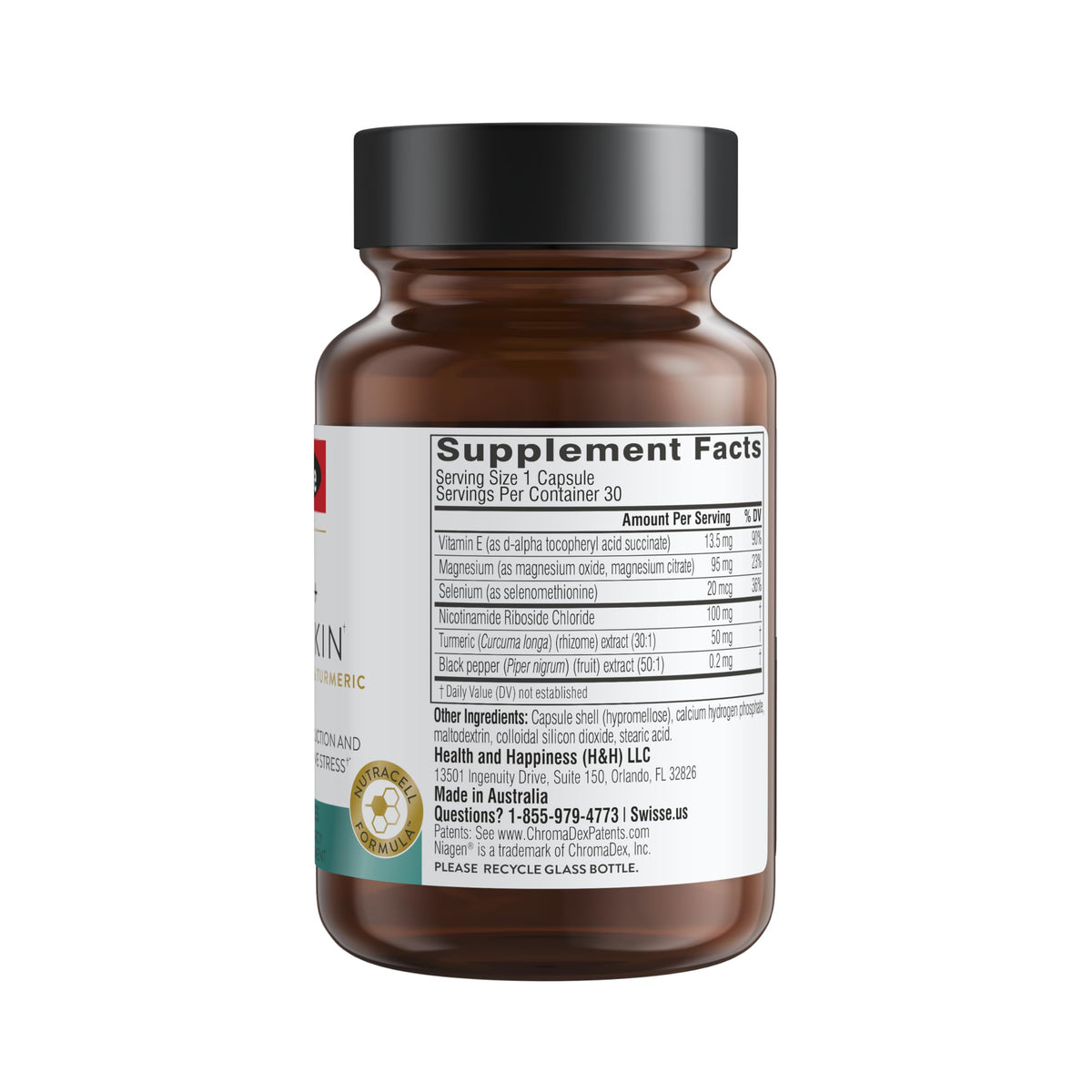 Swisse Plus NAD+ Calm Skin vue de côté avec étiquette visible