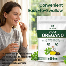 SylvaMyst Capsules d'Huile d'Origan et de Graines Noires, flacon ouvert