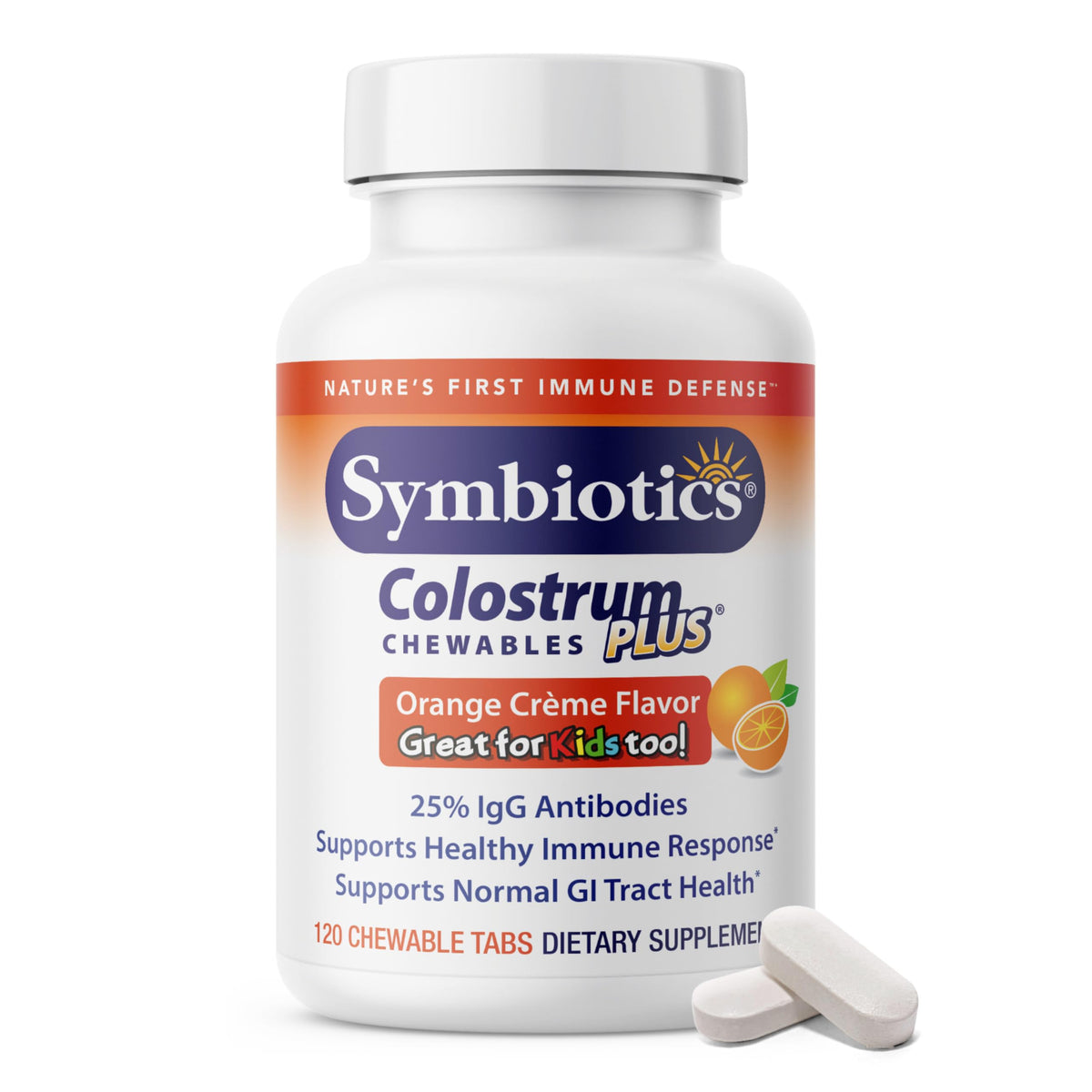 Symbiotics Colostrum comprimés à mâcher 120 comprimés orange crème vue de face