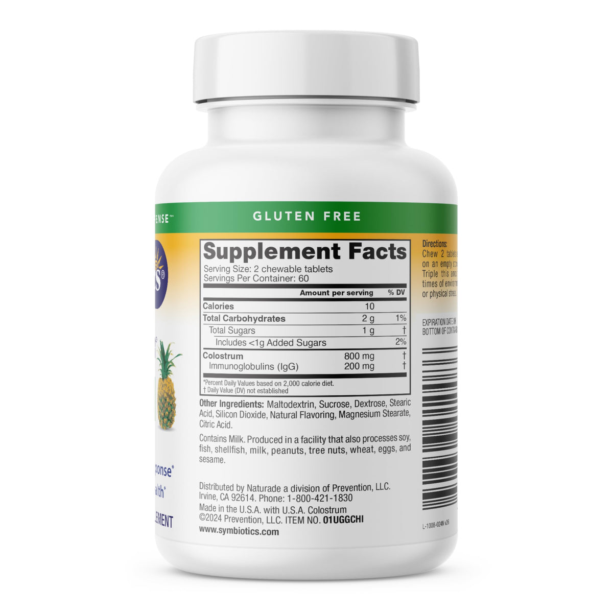 Symbiotics Colostrum comprimés à mâcher ananas, mise en scène avec des fruits